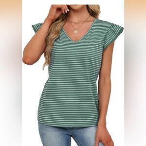 Green Striped V-Neck Top
